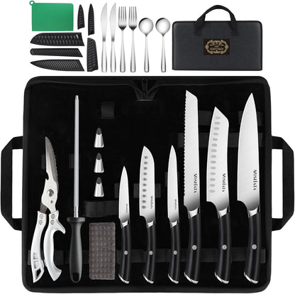 Chef Knife Sets with Carry case Bag, 19 Pieces Professional Knife Set with Knife Sharpening Rod, High Carbon Stainless Steel Kitchen Chef Knives Set，Dishwasher Safe, For Outdoor