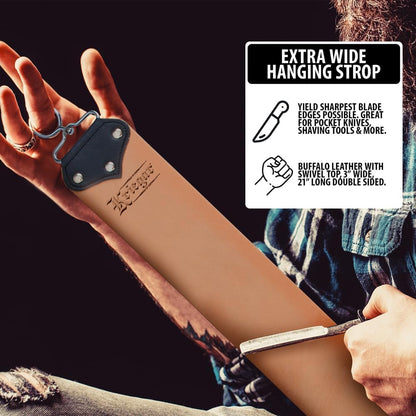 KRIEGAR Extra Wide Double Sided Hanging Strop | Smooth Buffalo Leather and Coarse Suede | Swivel Hook for Easy Flipping | Professional Blade Maintenance Tool | 3"W x 21"L
