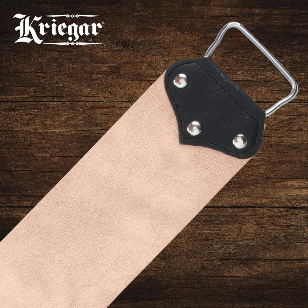 KRIEGAR Extra Wide Double Sided Hanging Strop | Smooth Buffalo Leather and Coarse Suede | Swivel Hook for Easy Flipping | Professional Blade Maintenance Tool | 3"W x 21"L