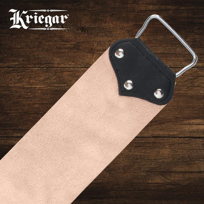 KRIEGAR Extra Wide Double Sided Hanging Strop | Smooth Buffalo Leather and Coarse Suede | Swivel Hook for Easy Flipping | Professional Blade Maintenance Tool | 3"W x 21"L