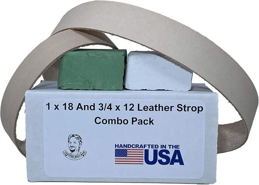 3/4" x 12" and 1" x 18" Leather Strop Combo Pack - Fits Ken Onion Worksharp WSKTSKO and Ken Onion Blade Grinder Attachment WSSO81112. Green and White Compounds Included