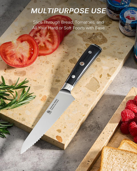 5.5" Serrated Utility Knife - German Steel Tomato Sandwich Knife | German 1.4116 Stainless Steel Full Tang Blade, Ergonomic Pakkawood Handle, Kitchen Prep Slicing Tool With Sheath & Gift Box