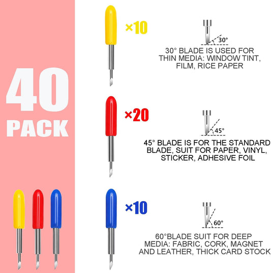 40 Pcs Replacement Blades Compatible with Explore Air 2/Air 3 /Maker/Maker 3/4 Cutting Machines - includ 10PCS Fine-Point Blades, 20PCS Standard Blaeds and 10PCS Deep Cutting Blades
