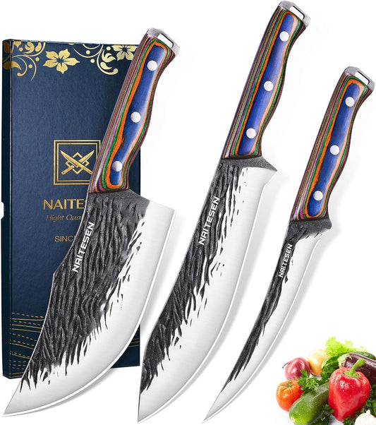 3PCS Hand Forged Butcher Knife Set - Gold-Stamped Gift Box | 15° Razor Sharp 6.5" Serbian Chef Knife, 8.5" Meat Slicer & 6.5" Boning Knife for Meat Cutting Kitchen Cooking BBQ