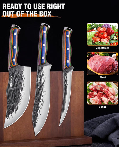 3PCS Hand Forged Butcher Knife Set - Gold-Stamped Gift Box | 15° Razor Sharp 6.5" Serbian Chef Knife, 8.5" Meat Slicer & 6.5" Boning Knife for Meat Cutting Kitchen Cooking BBQ