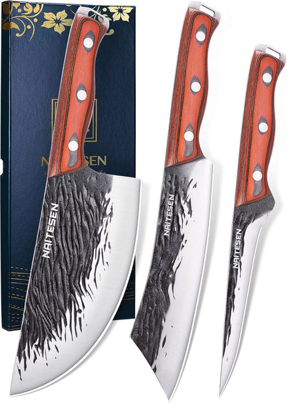 3PCS Hand Forged Butcher Knife Set - Gold-Stamped Gift Box | 15° Razor Sharp 6.5" Serbian Chef Knife, 8.5" Meat Slicer & 6.5" Boning Knife for Meat Cutting Kitchen Cooking BBQ