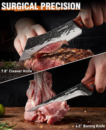 3PCS Hand Forged Butcher Knife Set - Gold-Stamped Gift Box | 15° Razor Sharp 6.5" Serbian Chef Knife, 8.5" Meat Slicer & 6.5" Boning Knife for Meat Cutting Kitchen Cooking BBQ