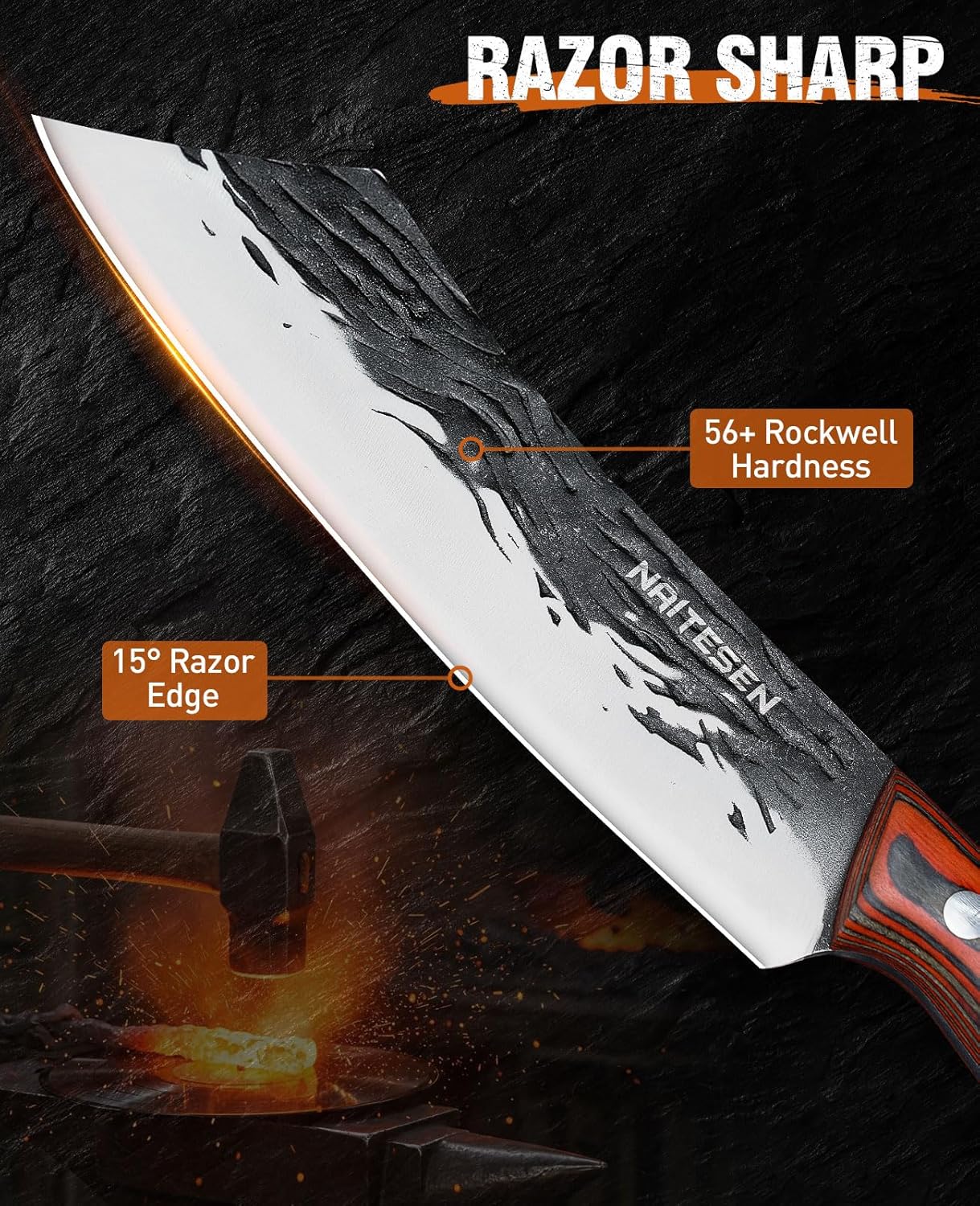 3PCS Hand Forged Butcher Knife Set - Gold-Stamped Gift Box | 15° Razor Sharp 6.5" Serbian Chef Knife, 8.5" Meat Slicer & 6.5" Boning Knife for Meat Cutting Kitchen Cooking BBQ