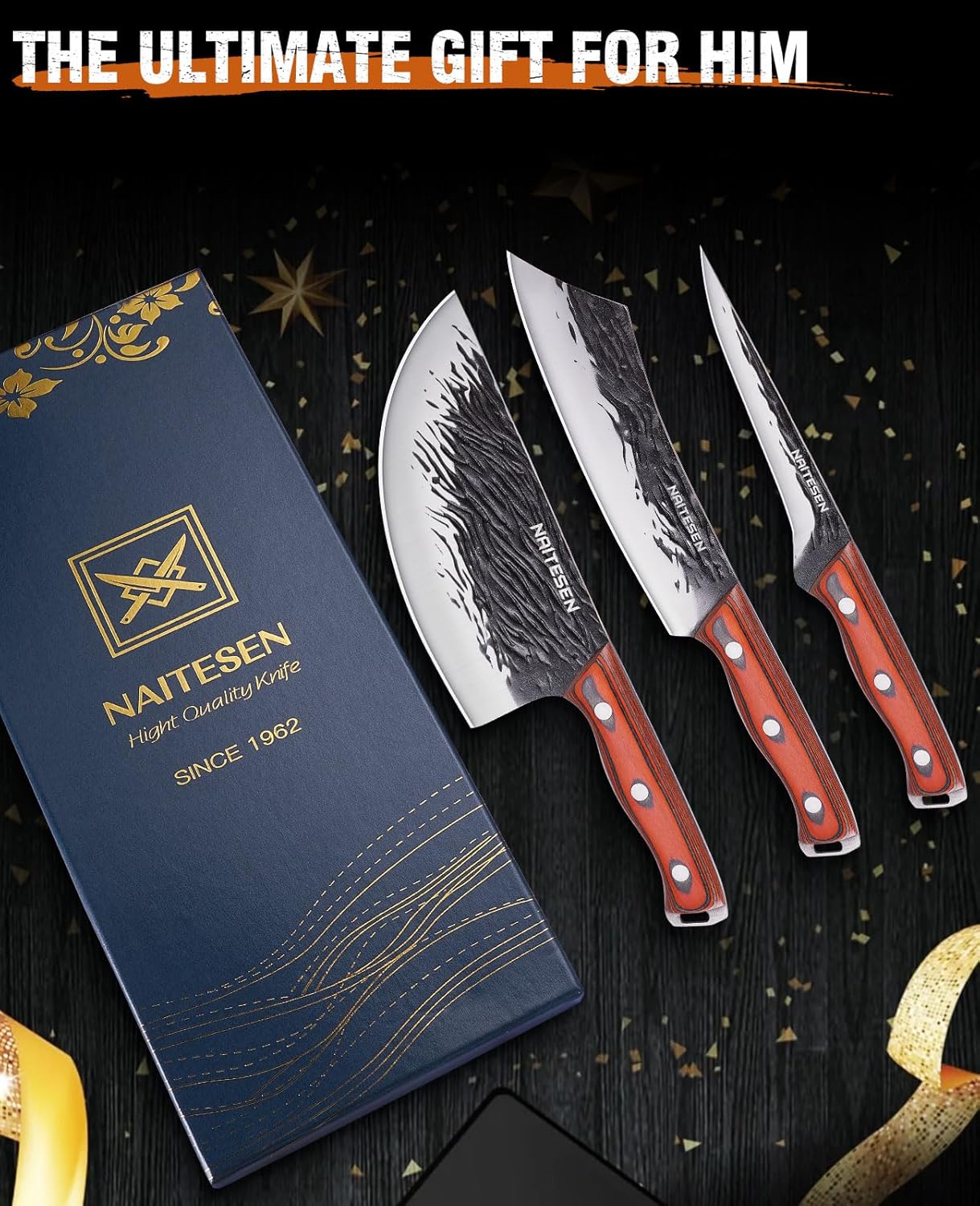 3PCS Hand Forged Butcher Knife Set - Gold-Stamped Gift Box | 15° Razor Sharp 6.5" Serbian Chef Knife, 8.5" Meat Slicer & 6.5" Boning Knife for Meat Cutting Kitchen Cooking BBQ