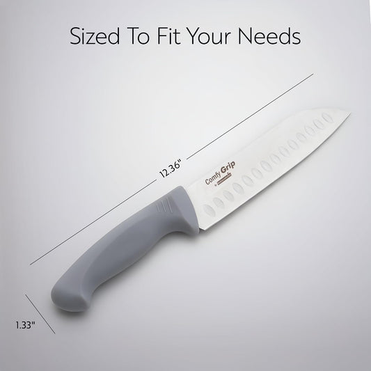 Comfy Grip 7 Inch Santoku Knife 1 Sharp Kitchen Knife - Ergonomic Handle Non-Slip Grip Gray Stainless Steel Japanese Chef Knife Dishwashable Granton Edge