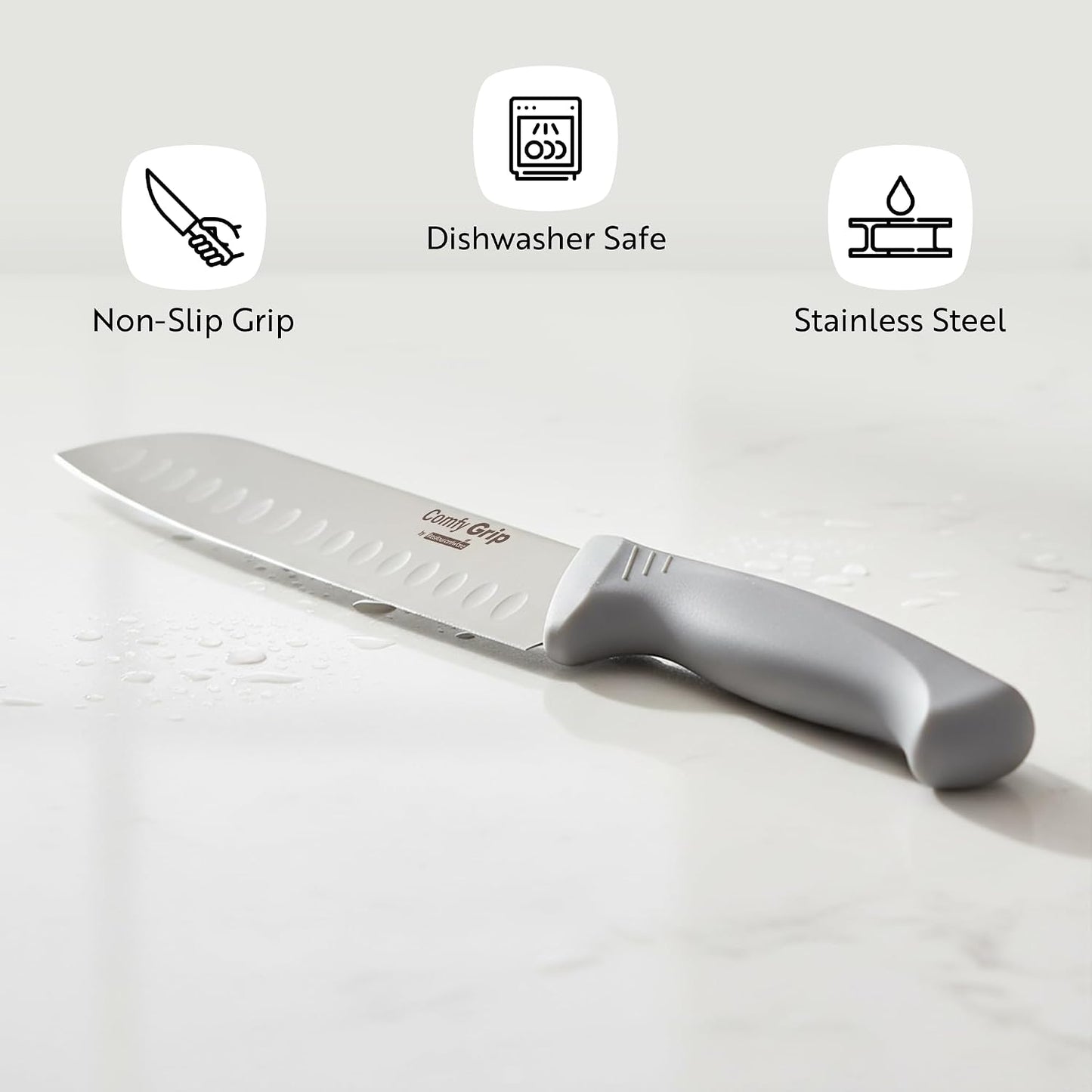 Comfy Grip 7 Inch Santoku Knife 1 Sharp Kitchen Knife - Ergonomic Handle Non-Slip Grip Gray Stainless Steel Japanese Chef Knife Dishwashable Granton Edge