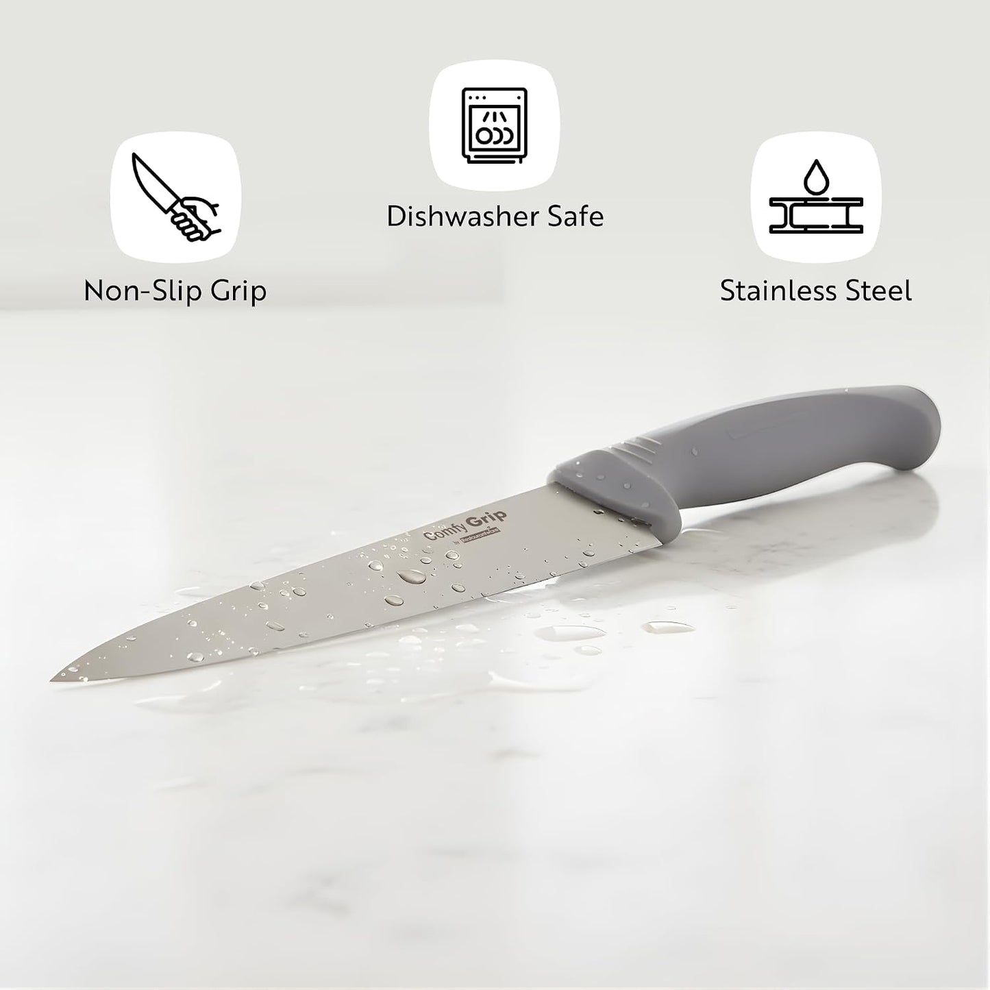 Comfy Grip 7 Inch Santoku Knife 1 Sharp Kitchen Knife - Ergonomic Handle Non-Slip Grip Gray Stainless Steel Japanese Chef Knife Dishwashable Granton Edge