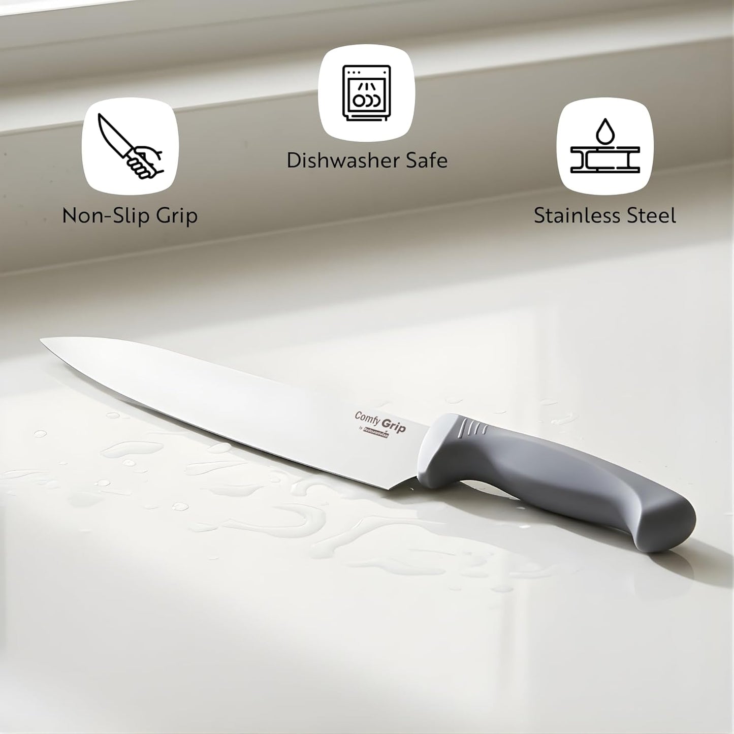 Comfy Grip 7 Inch Santoku Knife 1 Sharp Kitchen Knife - Ergonomic Handle Non-Slip Grip Gray Stainless Steel Japanese Chef Knife Dishwashable Granton Edge