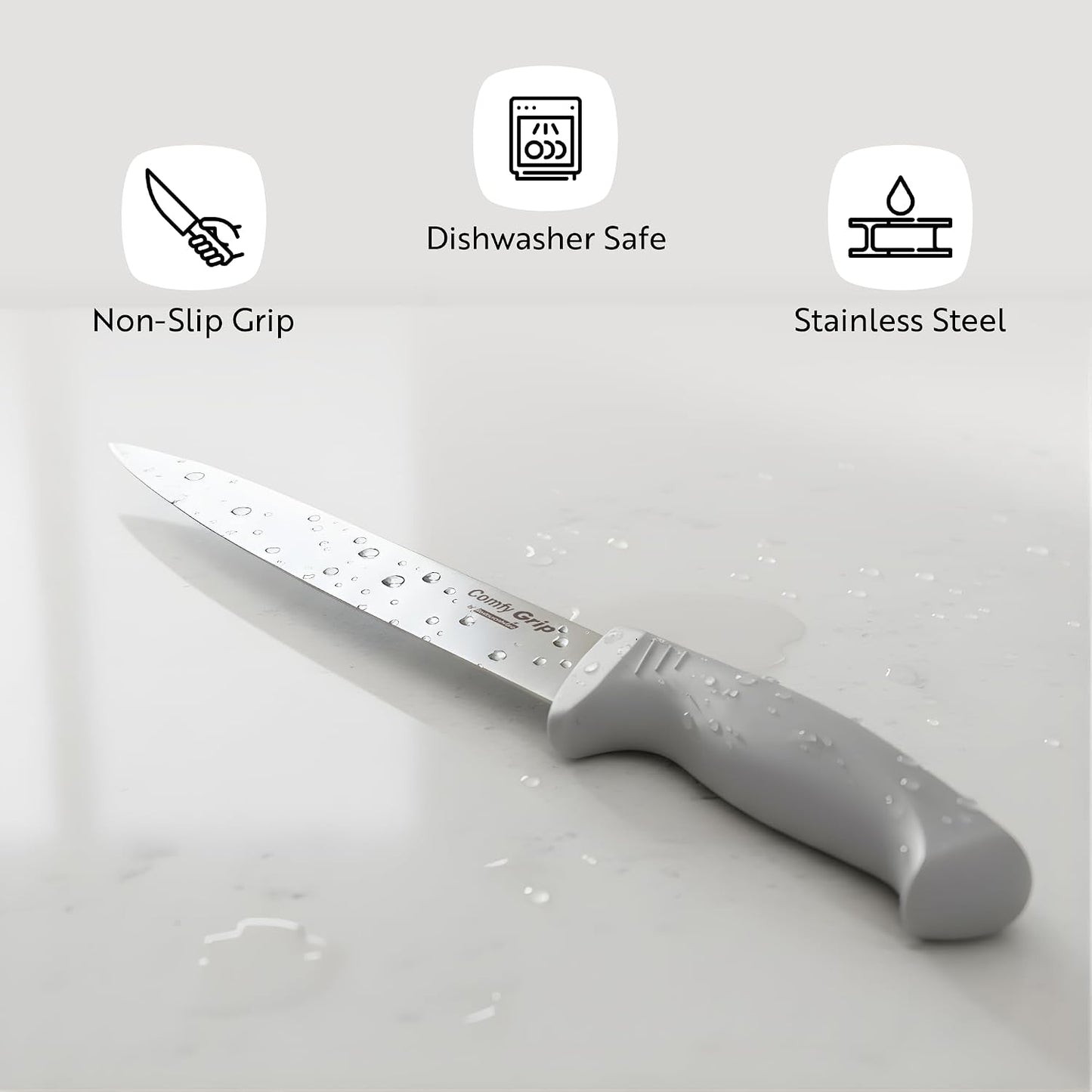 Comfy Grip 7 Inch Santoku Knife 1 Sharp Kitchen Knife - Ergonomic Handle Non-Slip Grip Gray Stainless Steel Japanese Chef Knife Dishwashable Granton Edge