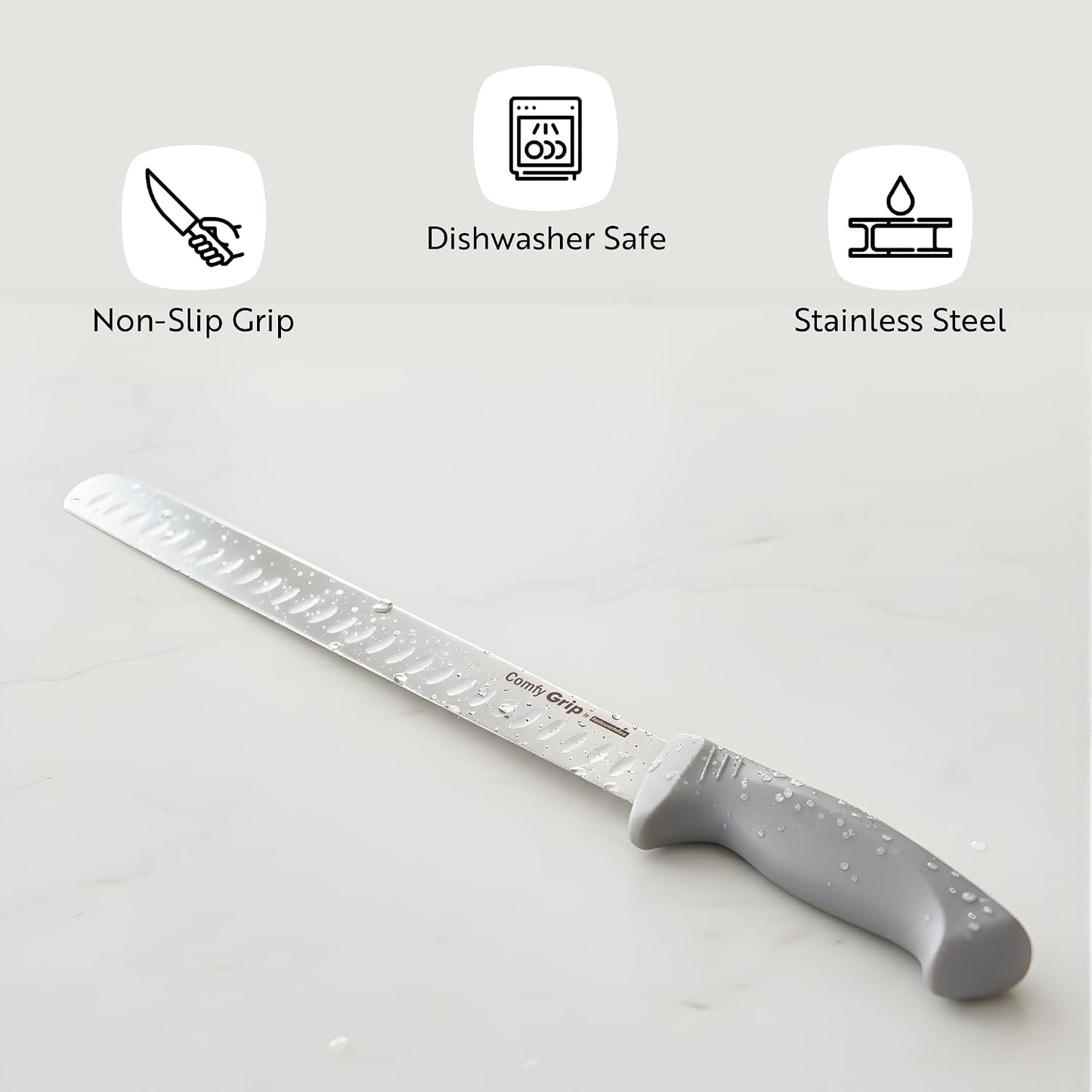 Comfy Grip 7 Inch Santoku Knife 1 Sharp Kitchen Knife - Ergonomic Handle Non-Slip Grip Gray Stainless Steel Japanese Chef Knife Dishwashable Granton Edge