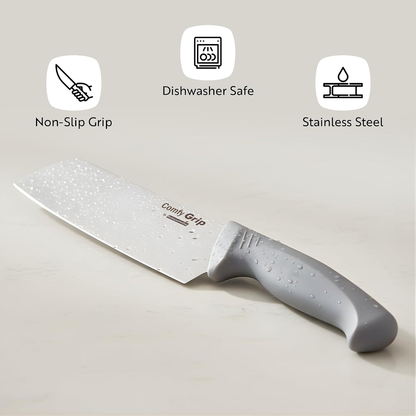 Comfy Grip 7 Inch Santoku Knife 1 Sharp Kitchen Knife - Ergonomic Handle Non-Slip Grip Gray Stainless Steel Japanese Chef Knife Dishwashable Granton Edge