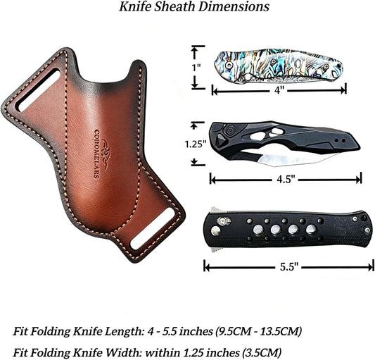 Leather Folding Knife Sheath for Belt, Horizontal Carry Brown Knife Sheaths for 4'' - 5'' Pocket Knives, Knife Holder Compact Draw Knifes Carrier EDC Tools Holster Knife Case