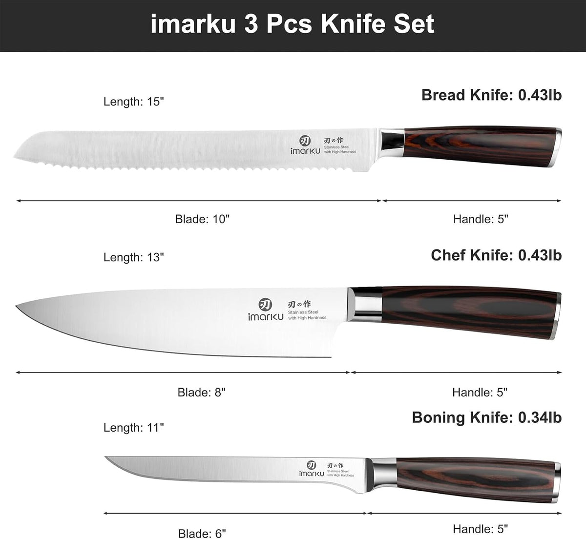 3 Piece Knife Set, Japanese High Carbon Stainless Steel Chef Knife
