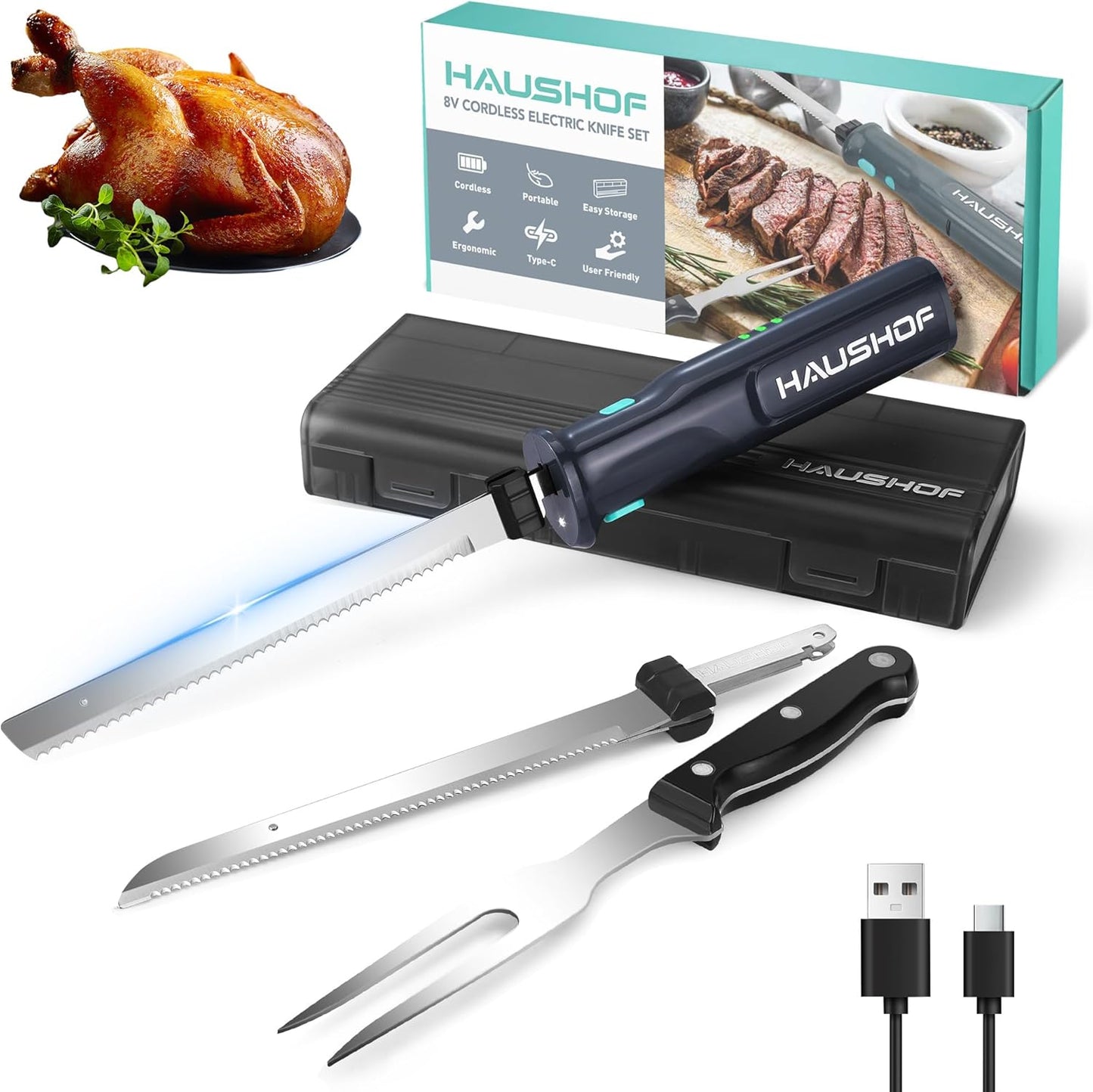Cordless Electric Knife Set with Storage Case | 8V Rechargeable Design, Stainless Steel Blades, Smooth Cutting Performance, Safety Lock & Storage Case