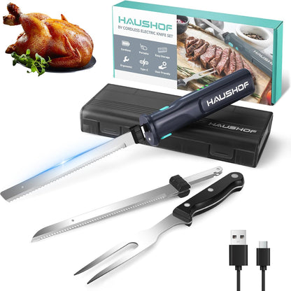 Cordless Electric Knife Set with Storage Case | 8V Rechargeable Design, Stainless Steel Blades, Smooth Cutting Performance, Safety Lock & Storage Case