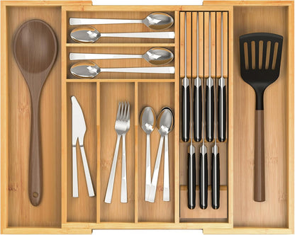 Bamboo Silverware Drawer Organizer, 6-8 Slots Kitchen Drawer Tray