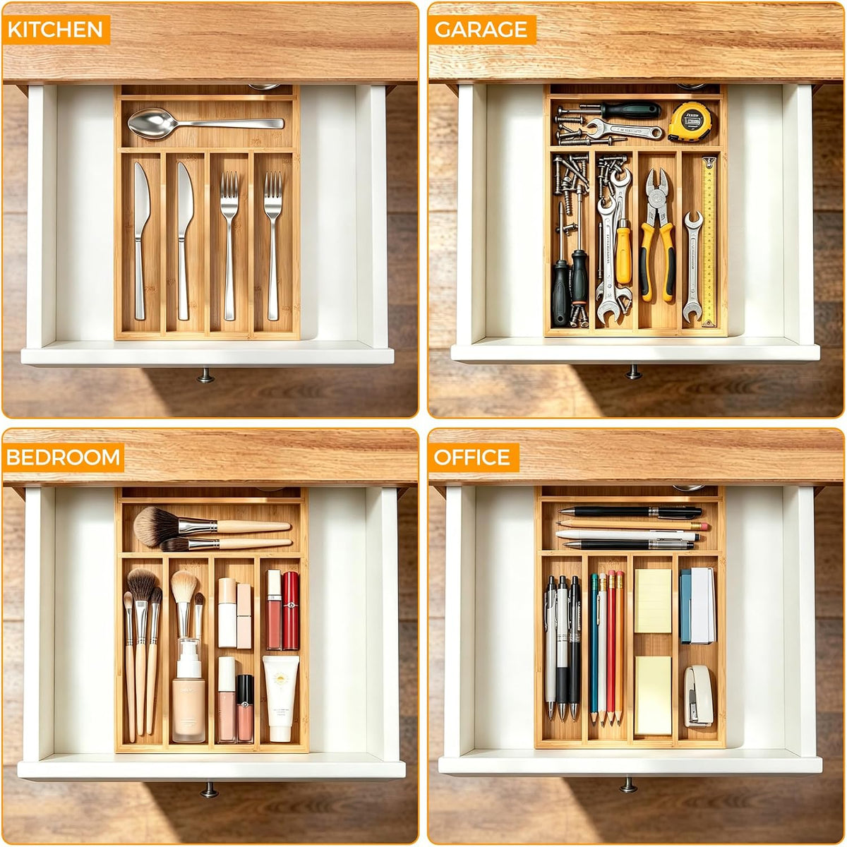 Bamboo Silverware Drawer Organizer, 6-8 Slots Kitchen Drawer Tray