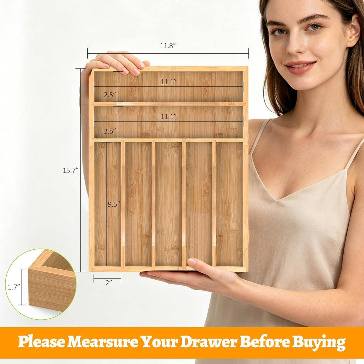 Bamboo Silverware Drawer Organizer, 6-8 Slots Kitchen Drawer Tray