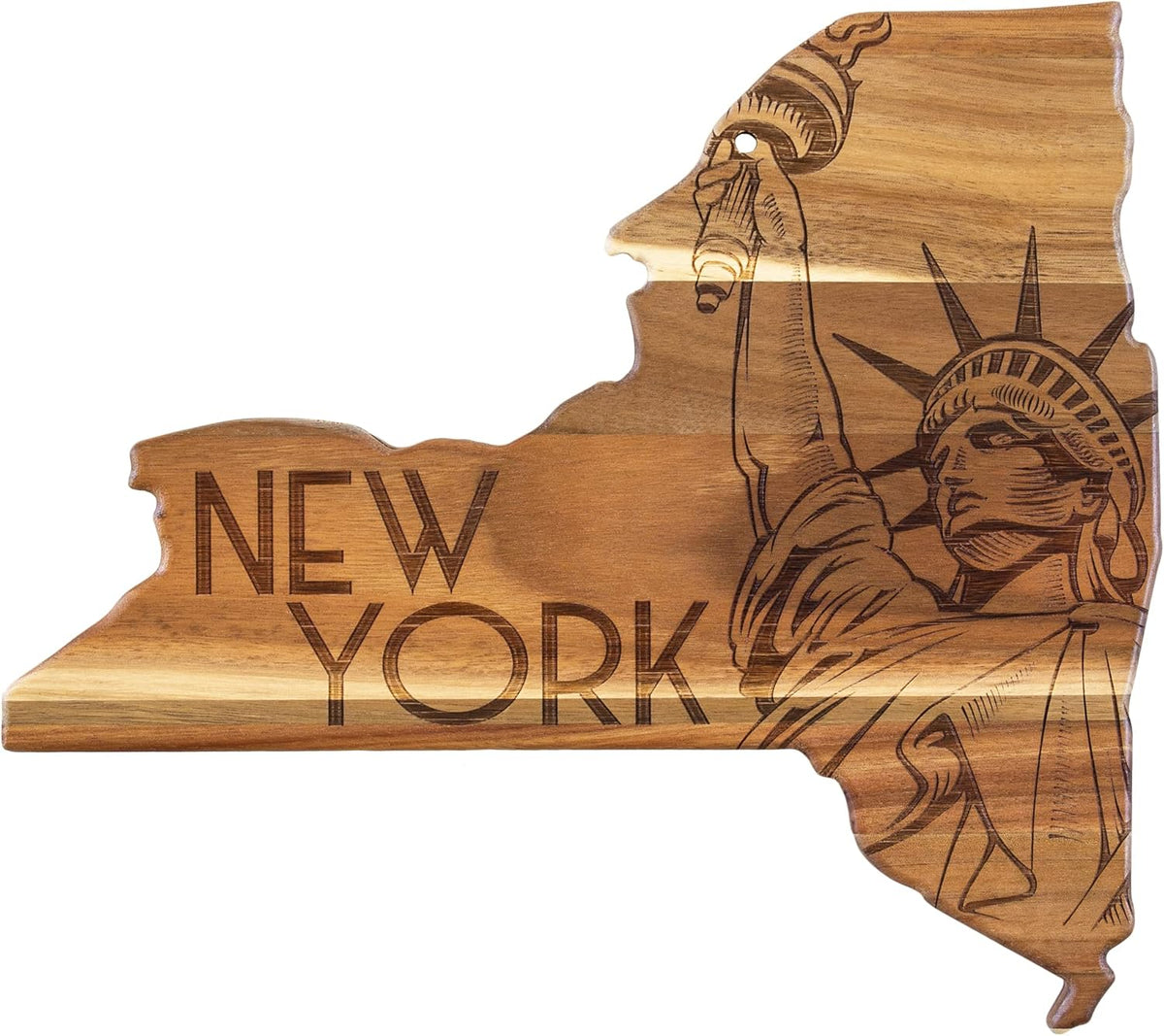 Rock & Branch Origins New York State Shaped Wood Cutting Board | State charcuterie board with bold engraved artwork. Smooth reverse side for food prep. Hang tie for wall display.