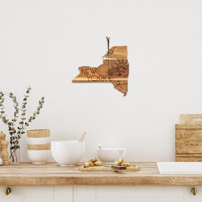 Rock & Branch Origins New York State Shaped Wood Cutting Board | State charcuterie board with bold engraved artwork. Smooth reverse side for food prep. Hang tie for wall display.