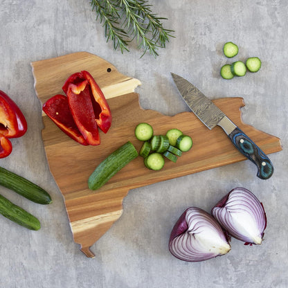 Rock & Branch Origins New York State Shaped Wood Cutting Board | State charcuterie board with bold engraved artwork. Smooth reverse side for food prep. Hang tie for wall display.