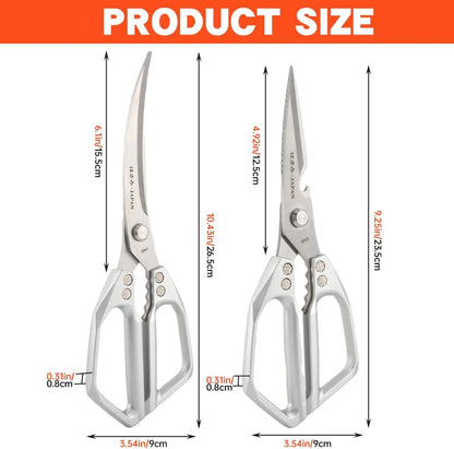 2Pcs Kitchen Scissors Set, Heavy Duty Sharp Silver Poultry Shears & All Purpose Kitchen Shear, Dishwasher Safe for Cutting Food, Chicken Bones & Turkey