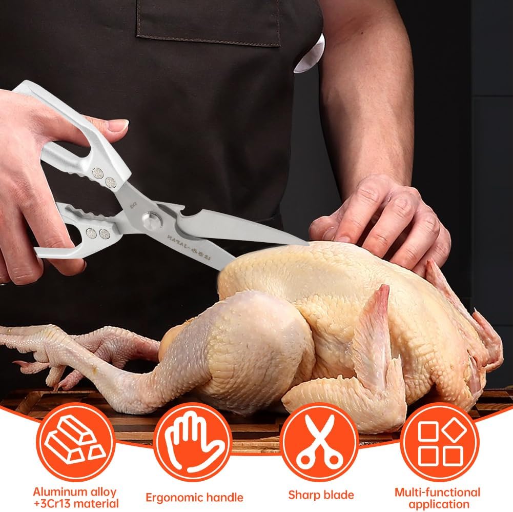 2Pcs Kitchen Scissors Set, Heavy Duty Sharp Silver Poultry Shears & All Purpose Kitchen Shear, Dishwasher Safe for Cutting Food, Chicken Bones & Turkey