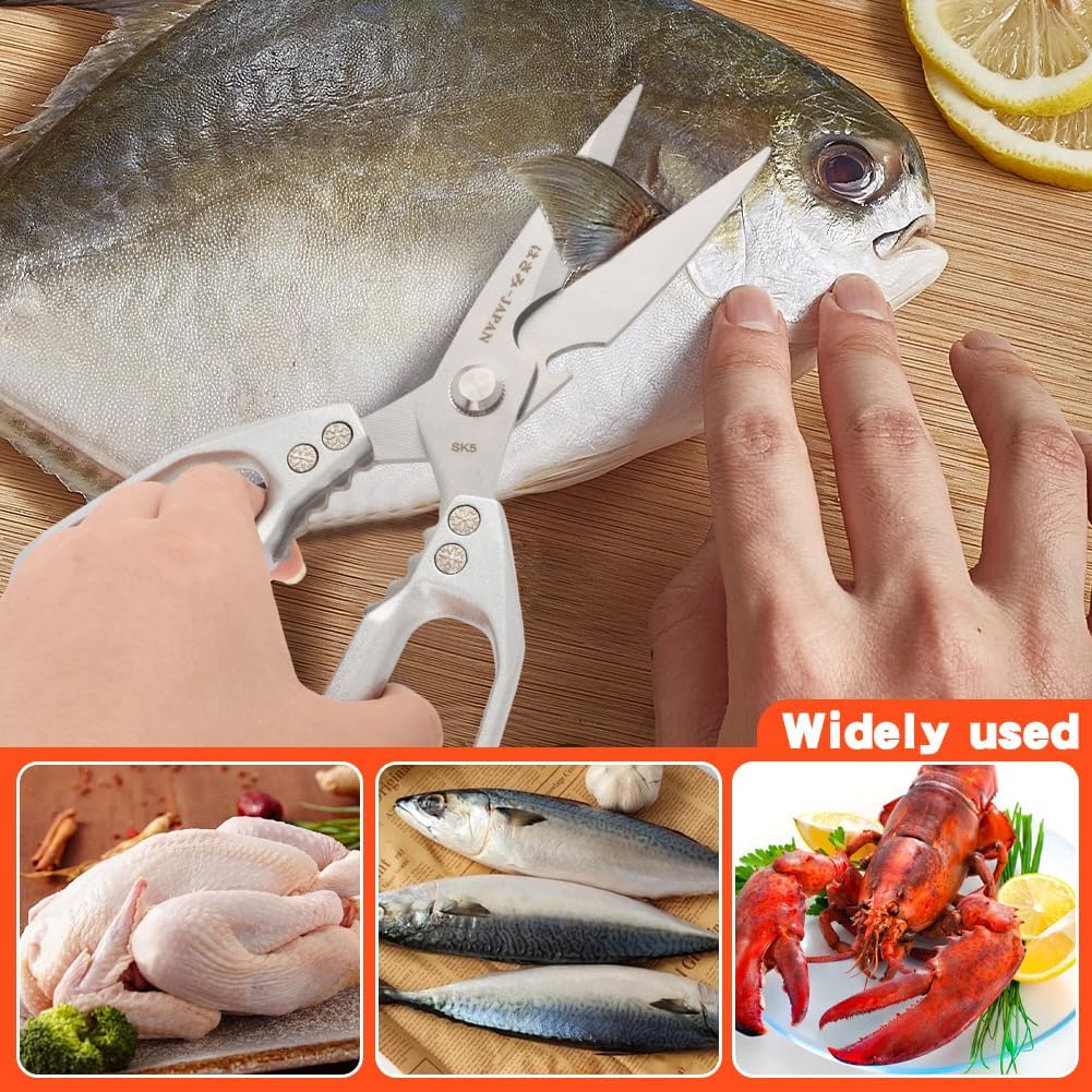 2Pcs Kitchen Scissors Set, Heavy Duty Sharp Silver Poultry Shears & All Purpose Kitchen Shear, Dishwasher Safe for Cutting Food, Chicken Bones & Turkey