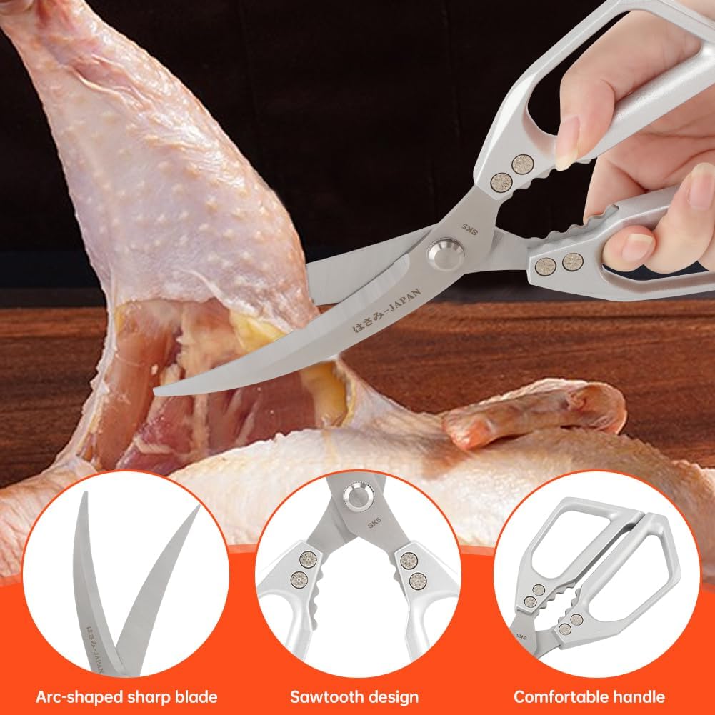 2Pcs Kitchen Scissors Set, Heavy Duty Sharp Silver Poultry Shears & All Purpose Kitchen Shear, Dishwasher Safe for Cutting Food, Chicken Bones & Turkey