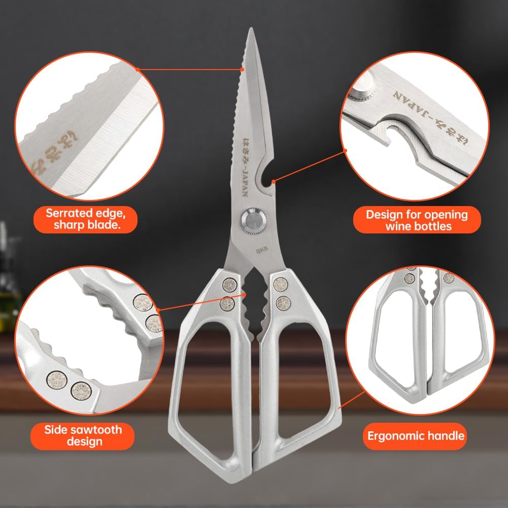 2Pcs Kitchen Scissors Set, Heavy Duty Sharp Silver Poultry Shears & All Purpose Kitchen Shear, Dishwasher Safe for Cutting Food, Chicken Bones & Turkey