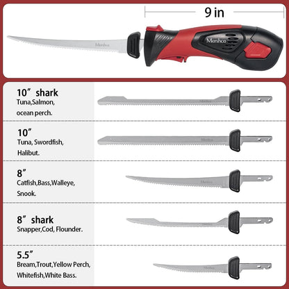 Cordless Electric Fillet Knife, with 5 Ti-Nitride S.S. Coated Non-Stick Reciprocating Blades & Cooling Hole Non-Slip Grip Handle & Practical handbag, Rechargeable Electric Knife for Fishing