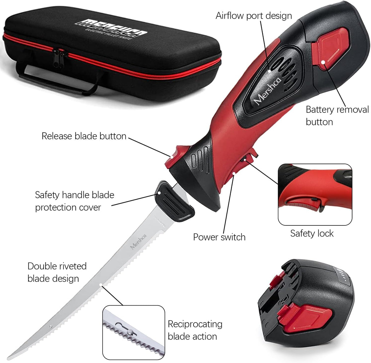 Cordless Electric Fillet Knife, with 5 Ti-Nitride S.S. Coated Non-Stick Reciprocating Blades & Cooling Hole Non-Slip Grip Handle & Practical handbag, Rechargeable Electric Knife for Fishing