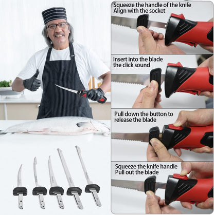 Cordless Electric Fillet Knife, with 5 Ti-Nitride S.S. Coated Non-Stick Reciprocating Blades & Cooling Hole Non-Slip Grip Handle & Practical handbag, Rechargeable Electric Knife for Fishing