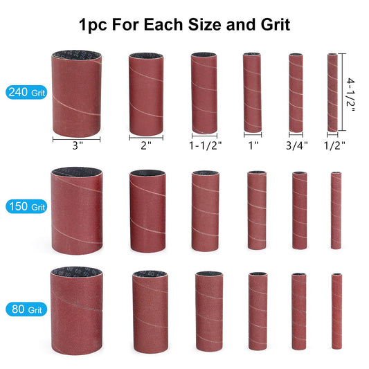 19 Pack Spindle Sander Sleeves with Sandpaper Cleaning Stick - Eraser, 4-1/2’’ Length, 1/2’’, 3/4’’, 1’’, 1-1/2’’, 2’’, 3’’ Diameter Sanding Sleeves Set, Grit 80, 150, 240,for Spindle Drum Sanders