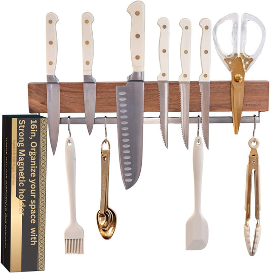 Wood Magnetic Knife Holder for Wall, 16 inch, Walnut | 12 Hooks, Tape & Screws, No Drilling, Premium-Magnetic