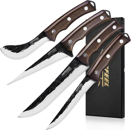 4PCS Hand Forged Butcher Knife Set - Slicing Knife,Boning Knife, Dividing Knives,Skinning Butcher Knives,High Carbon Steel Meat Cutting cleaver for Home Kitchen & Outdoor