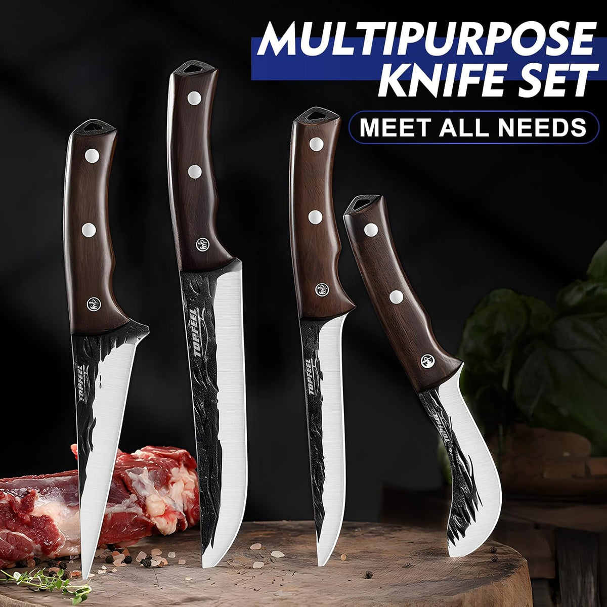 4PCS Hand Forged Butcher Knife Set - Slicing Knife,Boning Knife, Dividing Knives,Skinning Butcher Knives,High Carbon Steel Meat Cutting cleaver for Home Kitchen & Outdoor