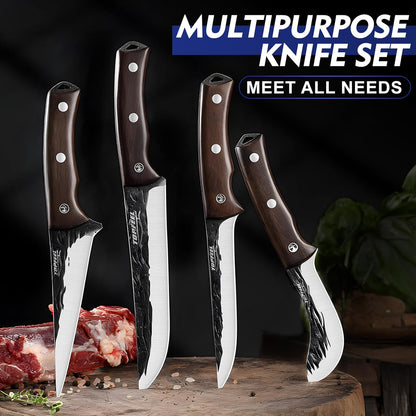 4PCS Hand Forged Butcher Knife Set - Slicing Knife,Boning Knife, Dividing Knives,Skinning Butcher Knives,High Carbon Steel Meat Cutting cleaver for Home Kitchen & Outdoor