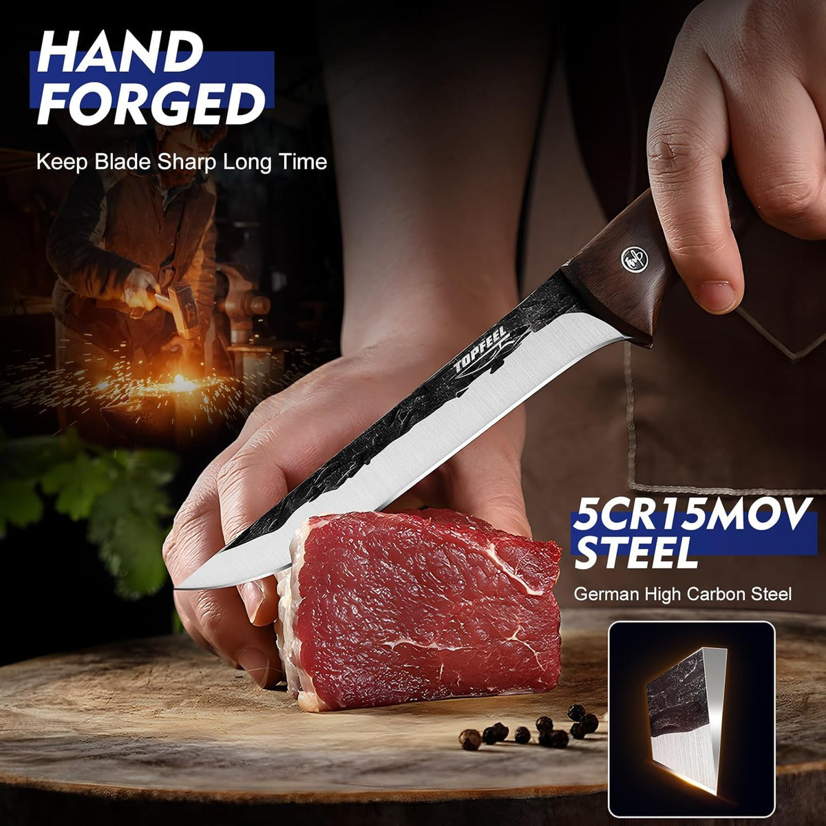 4PCS Hand Forged Butcher Knife Set - Slicing Knife,Boning Knife, Dividing Knives,Skinning Butcher Knives,High Carbon Steel Meat Cutting cleaver for Home Kitchen & Outdoor
