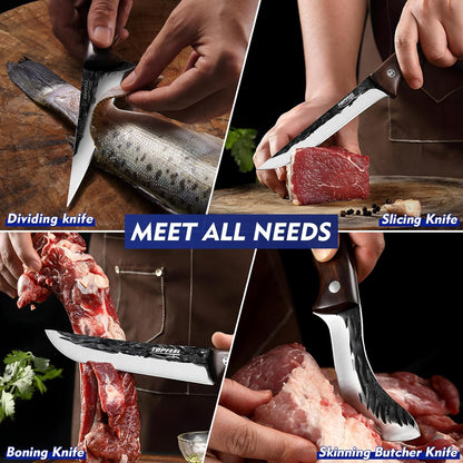 4PCS Hand Forged Butcher Knife Set - Slicing Knife,Boning Knife, Dividing Knives,Skinning Butcher Knives,High Carbon Steel Meat Cutting cleaver for Home Kitchen & Outdoor
