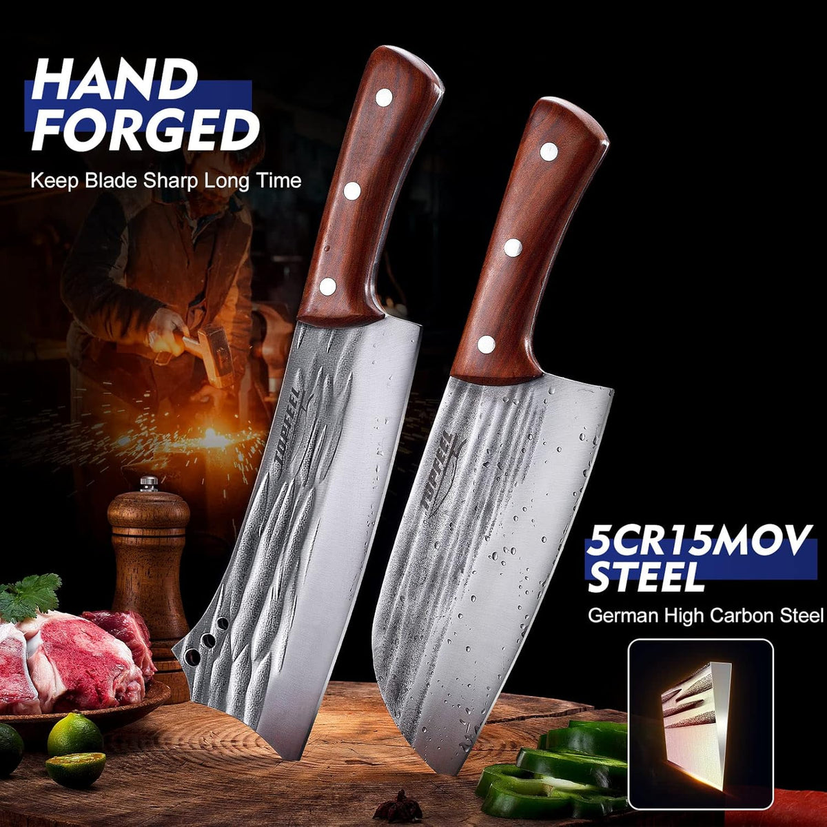 4PCS Hand Forged Butcher Knife Set - Slicing Knife,Boning Knife, Dividing Knives,Skinning Butcher Knives,High Carbon Steel Meat Cutting cleaver for Home Kitchen & Outdoor