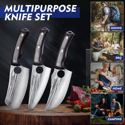 4PCS Hand Forged Butcher Knife Set - Slicing Knife,Boning Knife, Dividing Knives,Skinning Butcher Knives,High Carbon Steel Meat Cutting cleaver for Home Kitchen & Outdoor