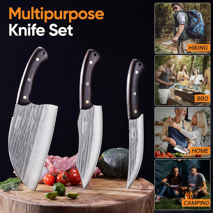 4PCS Hand Forged Butcher Knife Set - Slicing Knife,Boning Knife, Dividing Knives,Skinning Butcher Knives,High Carbon Steel Meat Cutting cleaver for Home Kitchen & Outdoor