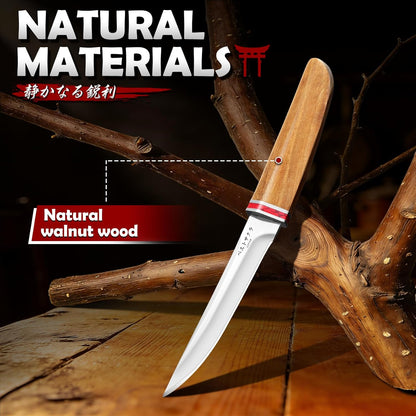 DRGSKL Utility Fixed Blade Knife - Handcrafted Japanese Knife with Sheath | D2 Steel, Premium Natural Walnut Wood Handle & Sheath, Gift Box, Red Marble Texture Decoration