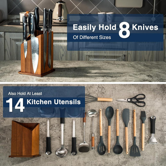 2026 Upgraded Magnetic Knife Holder for Countertop, Double-Sided Acacia Wood Magnetic Knife Block Without Knives, Universal Knife and Utensil Holder for Kitchen, Stronger Magnets of Kitchen Organizer
